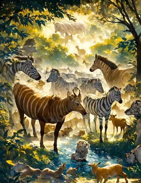 Award-winning art illustrating a lively watering hole scene with various animals such as zebras, lions, and antelopes. Employ Fauvist techniques with vivid blues, greens, and yellows to portray the water, foliage, and animals. The vigorous brushwork should...