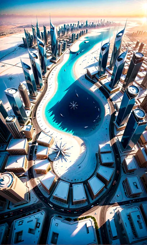 Future Cities in the Kingdom of Bahrain, Manama, There are snowflakes in winter, Bright colors, white and blue, cold, 4k, Practical,Beautiful and stunning artwork,Overlooking，Bird&#39;s eye view