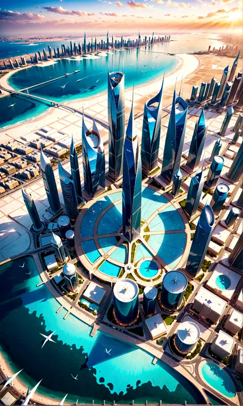 Future Cities in the Kingdom of Bahrain, Manama, There are snowflakes in winter, Bright colors, white and blue, cold, 4k, Practical,Beautiful and stunning artwork,Overlooking，Bird&#39;s eye view