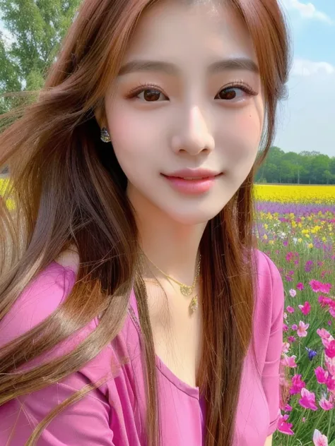 Woman, ponytail, long, flowing hair, Hair floats up, hair floats up , Long hair wearing a black shirt poses in a field of flowers, beautiful south beautiful asian girl, Thai anime, 3 D, 8k, Shot with a high quality Fuji camera, quality 45.,000,000 pixels, ...