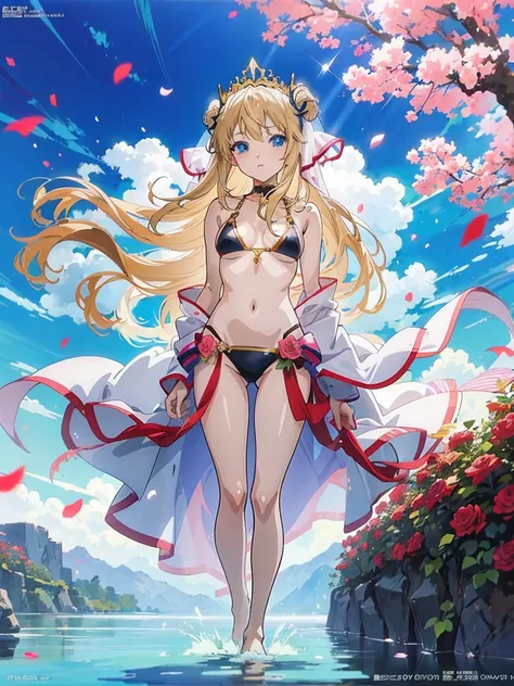 (Anime:1.8), megami magazine, (masterpiece, top quality:1.4), 1girl, standing floating on the water surface, Tiptoe, blonde hair, blue eyes, frilled bikini wedding  gown, swimsuit, sarong, tiara, Bride Veil, holding a rose, 16-yo,
fantasy forest:1.6, sunli...