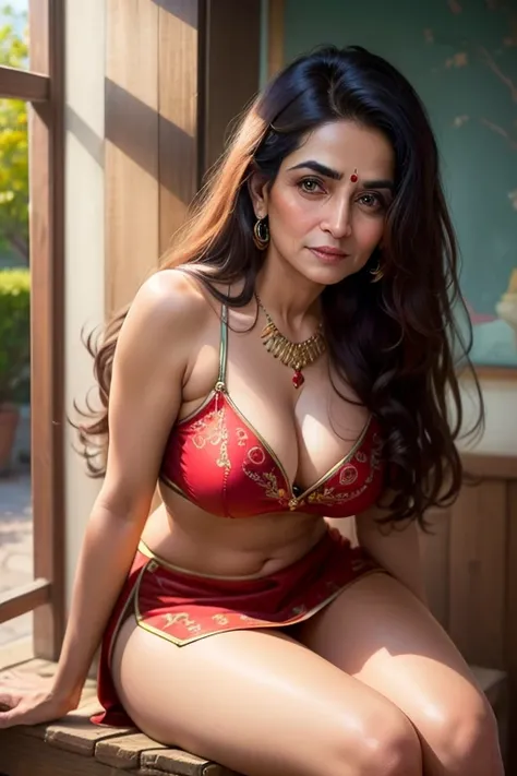 ((best quality)), ((masterpiece)), (detailed), perfect face background change, cute indian old aunty ,real face, 8k Ultra realistic,original face,original dress, in mini skirt beautiful body shape, long hair, glossy lips, leaning forward 