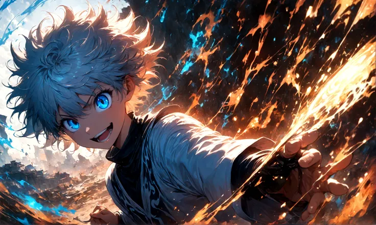 1 teenager,Killua,Hunter x Hunter,Killuaの衣装,Yo-yo,Sui Ishidas painting style,Intricate details,Use black and white as your main colors,Decadent,artwork,rendering,Dynamic Pose,(masterpiece:1.3),(highest quality:1.4),(ultra detailed:1.5),High resolution,extr...