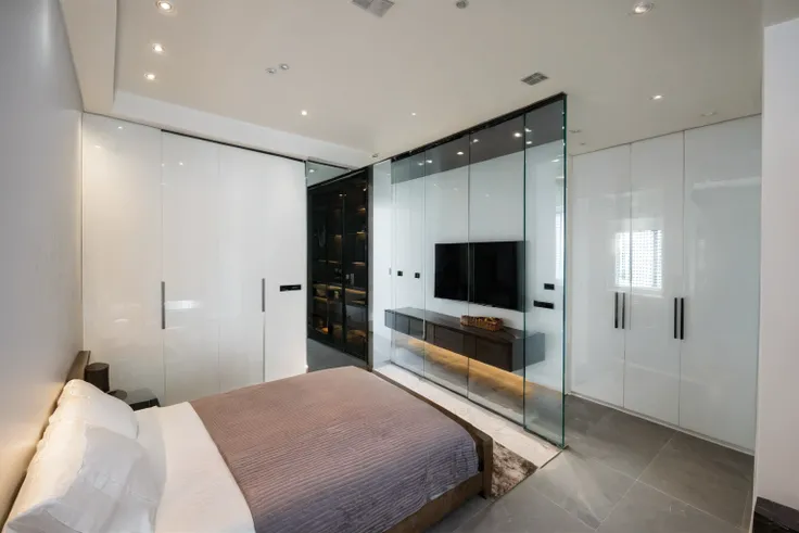 Raw photo,Masterpiece, high quality, best quality, authentic, super detail, indoors, interior ,BED room, modern style, daylight, (WHITE WALL), (((the right corridor ))), mezzanine floor, glass door.