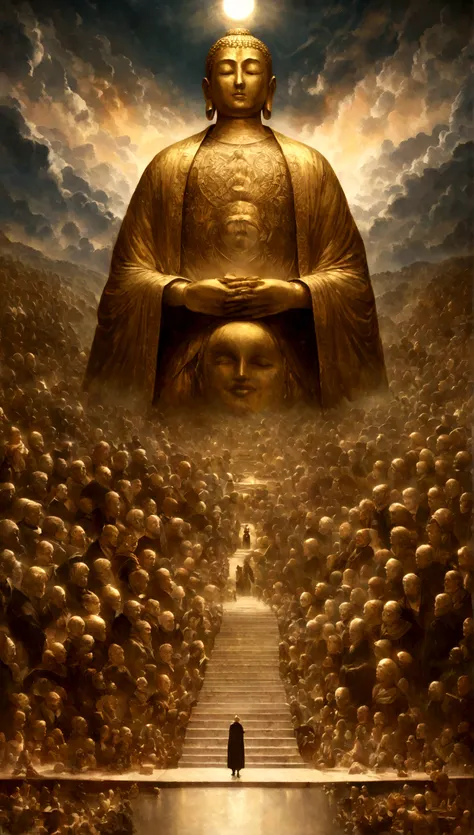 A giant golden Buddha statue towers into the sky，Hall々And，Buddhism has 32 stages，Length and ergonomic proportions of the cervical spine,，Pilgrims&#39; Path，smile,Porcelain Style，In the distance, Surreal Realism, Stereogram, tachi-e, Atmospheric Perspective...