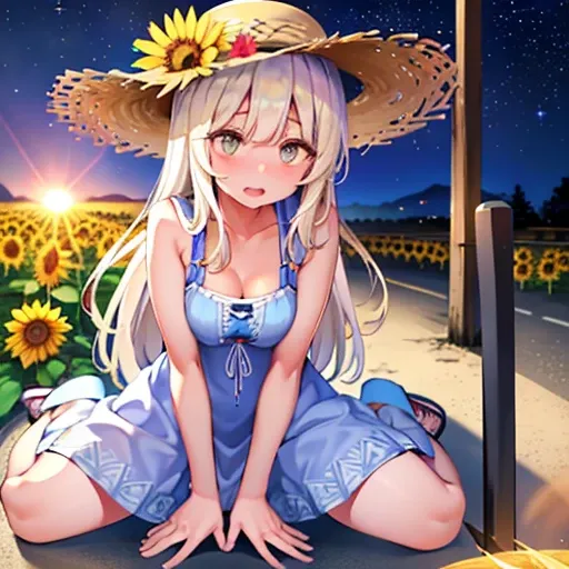 summer、sunny、starry sky、sunflower field、straw hat、sandals、summer dresses、big breasts、three white eyes、long hair、big eyes、small e...