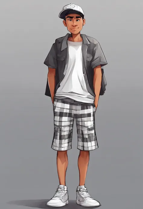 Realistic 4D caricature of a 25 year old Indonesian man wearing a black t-shirt, wearing a white trucker hat, checkered shorts, white shoes, standing with both hands in his trouser pockets, gray screen background HD quality
