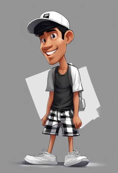 Realistic 4D caricature of a 25 year old Indonesian man wearing a black t-shirt, wearing a white trucker hat, checkered shorts, white shoes, standing with both hands in his trouser pockets, gray screen background HD quality
