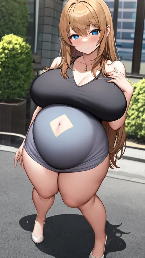 (Full body), An image of a pregnant girl wearing casual clothes. She has a very voluptuous body