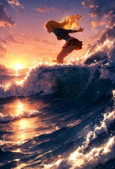 (A man,Medium build),(short,Blonde Hair),(Riding Wiglet:1.1,Its like a surfboard),(through the waves),(behind the sunset).,(best quality:1.2),(Extremely detailed),(Practical:1.37),(landscape),(Bright colors),(Warm and vibrant hues),(Soft, Golden Light),(Sp...