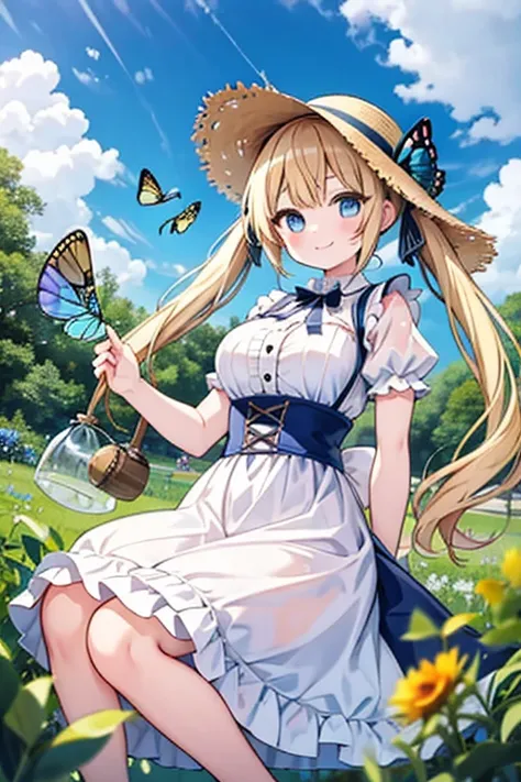 blonde blue eyes、Lolita、large breasts、twin tails、female brat,Have a bug trap,Beetle,insect collecting,Butterfly net,straw hat,have a bug net,happy smile,