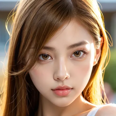 best quality, face focus, soft light, ultra high res, (photorealistic:1.4), RAW photo, very beautiful korean girl, solo, cute, Light yellow hazel eyes, (pupil, lights in the eyes),  detailed beautiful face, (small chest),(high resolution detail of human sk...