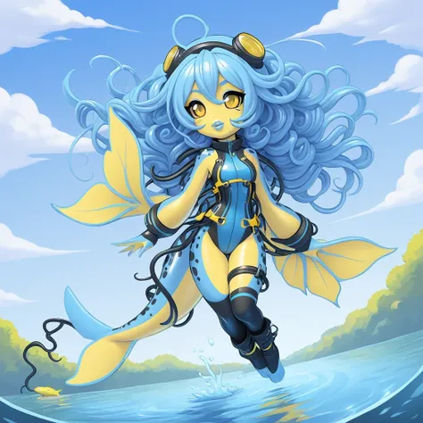 catfish monster girl with deep blue fish scales and yellow underscales with sky-blue fins with black spots on the dorsal fin and a sky-blue tail and lips and long curling yellow catfish whiskers with dark blue tangled hair and dressed in a diving outfit in...