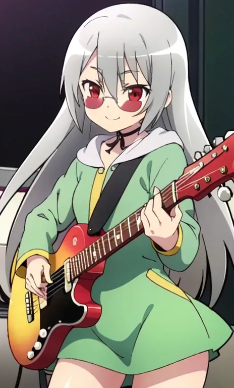 long hair, red eyes, ,grey hair, glistening skin,live stage, jacket green, sunglasses, playing electric guitar, smile