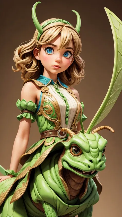 a girl riding on a giant grasshopper,1girl,detailed face,beautiful detailed eyes,beautiful detailed lips,extremely detailed face...