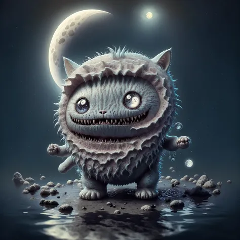 cat cute monster, water, lake as a moon star, horror,in (moon star:1.05) style,