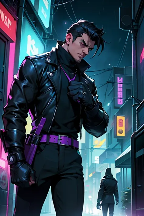 comic style: “In the gloomy streets of Neo-Gotham, el justiciero enmascarado, Nocturno, hunt down the infamous tech thief, Ciber-Sombra. La lluvia cae implacablemente mientras saltan de tejado en tejado. Nocturno clenches his fists and mutters: &#39;This t...