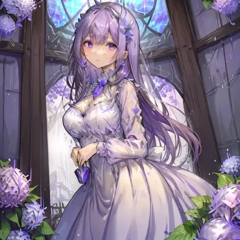 1 girl、Mature、Ample breasts、Purple Hair、Long Hair、Sharp Eyes、Purple Eyes、Hydrangea Dress、Lots of hydrangeas、Butterflies fluttering、Beautiful Blue、In front of the mysterious stained glass、look back、light rain、Weather showers、Sunlight shines、prism、Water Drop...