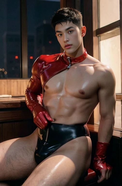 Japan man，Man,Youth，Best quality, crisp quality, Masterpiece, Highest resolution, Highly detailed, Red latex ，One-piece latex leotard，Tight latex ，No zipper，love heart，chest muscle，Full-body muscular figure，night club，mtu,Gay，head to toe，toeless legwear，mi...