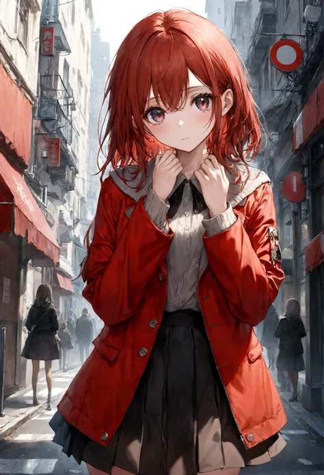 High resolution,masterpiece,best quality,Very detailed,National Foundation,1 Girl,City, street,Put your hands behind your back, Black skirt, Red Jacket, Eyes Focus,