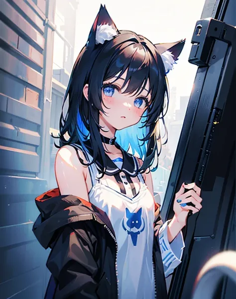 Cat ear , girl , cute , bluish black hair , Blue inner color , 