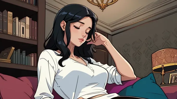 Beautiful woman in her 30s with black hair is sitting on the sofa. Looking down, eyes closed, LOFI girl, alone in the room, V-neck white blouse, cozy wallpaper, big cushion, bookshelf, relaxing mood, night core, cozy, wide glass window with skyscrapers, ou...