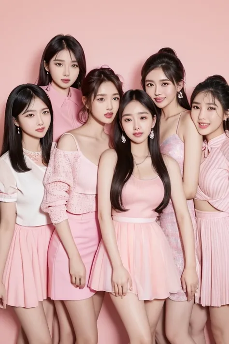 arafed image of a group of asian women posing for a picture, (pink colors), trending at cgstation, pink skin, trending on cgstation, portrait of a pink gang, 1 as february), ulzzang, ((pink)), pink clothes, trending on bbwchan, yanjun chengt, in girls gene...