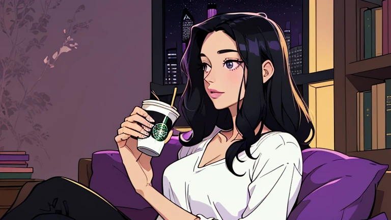 Beautiful woman in her 30s with black hair is sitting on the sofa holding starbucks coffee. Looking down, LOFI girl, alone in the room, V-neck white blouse, cozy wallpaper, big cushion, bookshelf, relaxing mood, night core, cozy, wide glass window with sky...