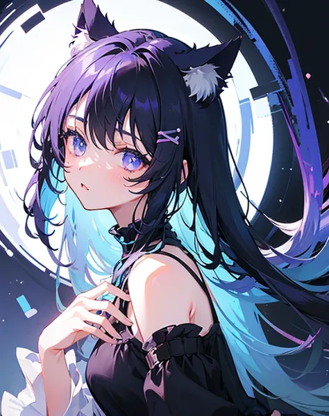 Cat ear , girl , cute , bluish black hair , Blue inner color , Eye color: slightly purple