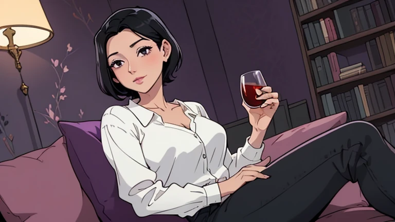 Beautiful woman in her 30s with short black hair is sitting on the sofa. Looking down, LOFI girl, alone in the room, V-neck white blouse, cozy wallpaper, big cushion, bookshelf, relaxing mood, night core, cozy, wide glass window with skyscrapers, outside v...