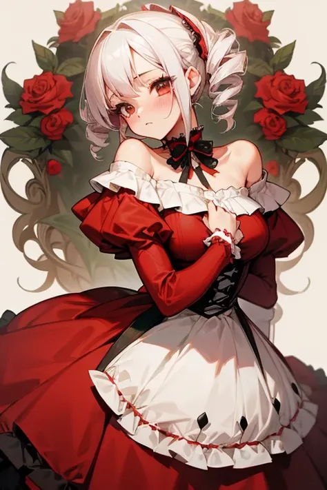 Short white hair, blush, one piece、Punk Fashion、Headbang 2.、Red clothes、Elegant Lolita、Victorian Maiden、Twin Drill、My hair is curly、Off the shoulder、