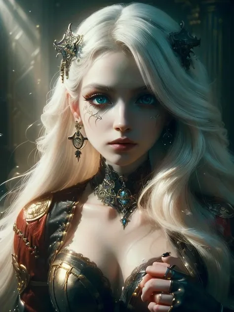 (((medium full shot))), (Masterpiece, photorealistic, photorealism, best quality, ultra-detailed:1.3), (nice hands, perfect hands), official art, cinematic light, (1girl:1.3), adult, solo, very long hair, white hair, red eyes, light skin, eyes glowing, got...