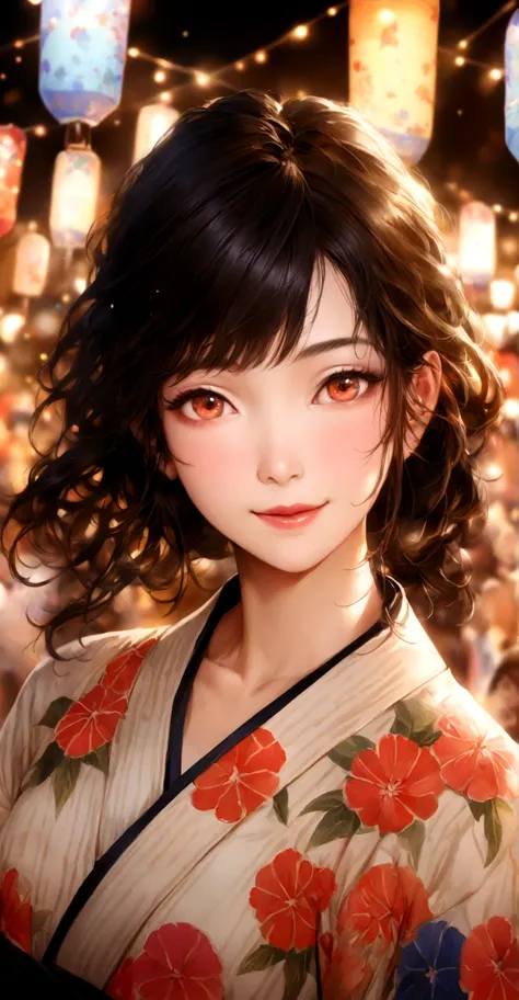 Detailed close-up shot of an elegant Japanese womans face, adorned in a vibrant yukata with geometric patterns, at a lively summer matsuri, warm glow from festival lights, gentle smile, traditional Japanese aesthetics, hyper-realistic, stunning artwork.