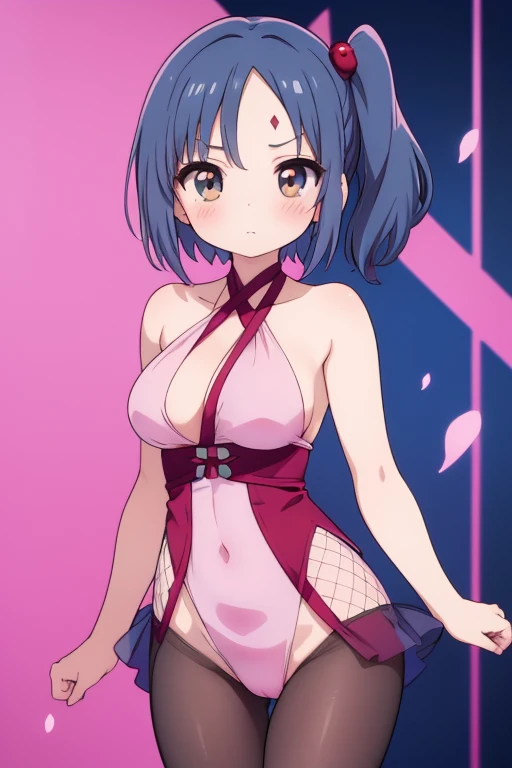 (masterpiece), (highest quality), ((Super detailed))、(super delicate)、Cute naughty ninja girl、Pastel colors hair、medium breasts、(Thighs, fishnet pantyhose, ninja costume)、Gorgeous、short hair, (dark blue hair), (naked:1.2), (forehead, bangs pinned back, asy...