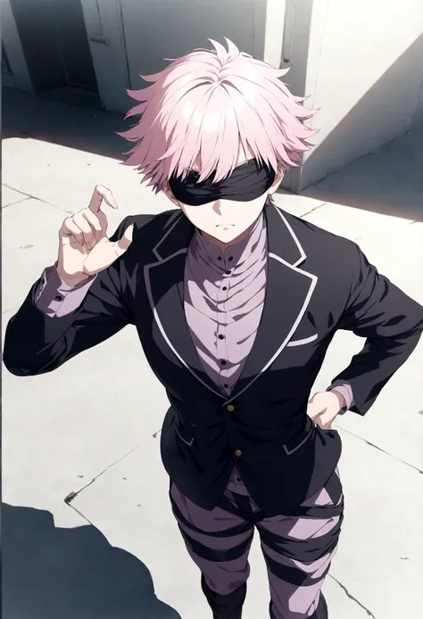 gojo satoru from the jujutsu kaisen universe, blindfolded with black cloth, powerful, imposing, pink swirling, high school compound, photorealistic