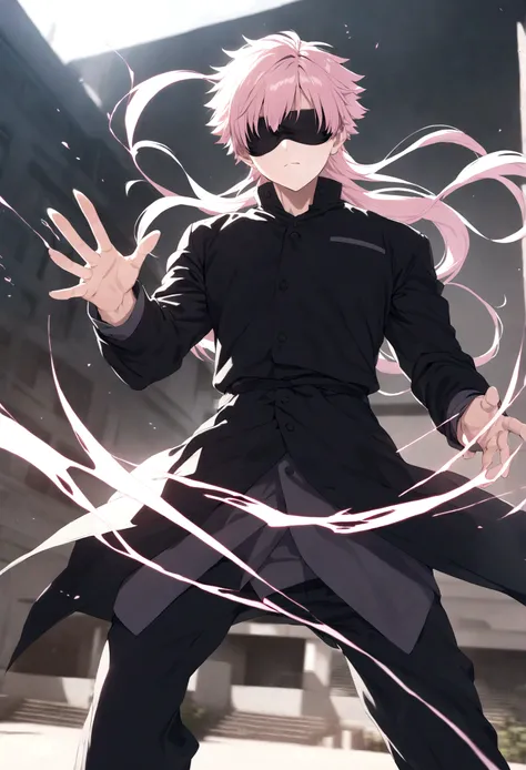 gojo satoru from the jujutsu kaisen universe, blindfolded with black cloth, powerful, imposing, pink swirling energy around his body, high school compound, photorealistic