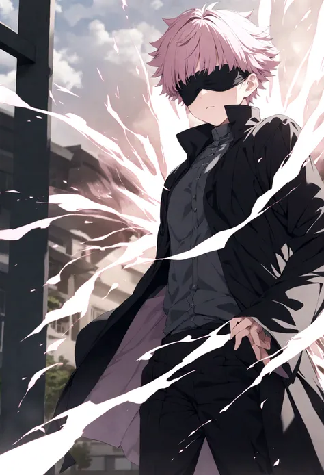 gojo satoru from the jujutsu kaisen universe, blindfolded with black cloth, powerful, imposing, pink swirling energy around his body, high school compound, photorealistic