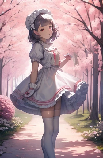 masterpiece, best quality, lissa, hair ornament, bonnet, frilled dress, white thighhighs, boots, standing, smile, white flowers, from side, hands at chest, trees, spring 