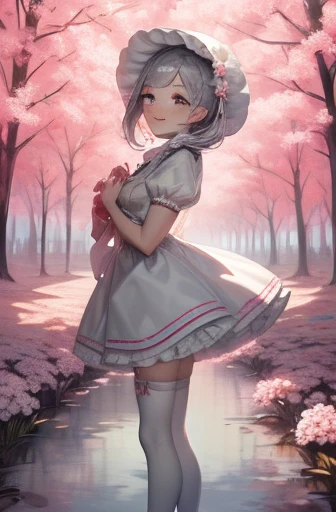 masterpiece, best quality, lissa, hair ornament, bonnet, frilled dress, white thighhighs, boots, standing, smile, white flowers, from side, hands at chest, trees, spring 