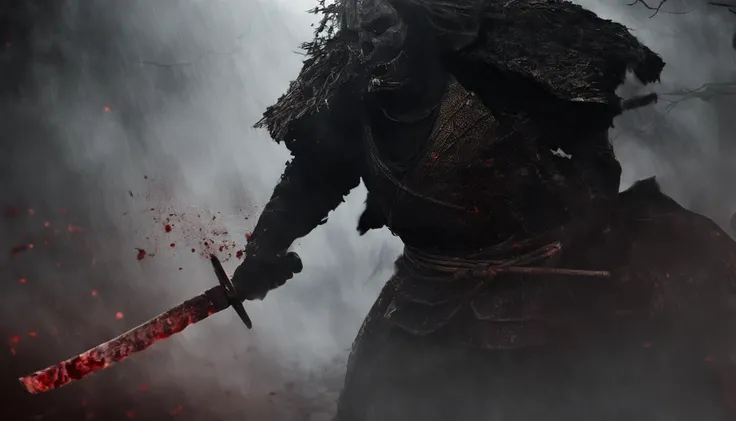 (best quality,4k,8k,A high resolution,master part:1.2),ultra-detalhado,Realistic:1.37,Samurai of Japans Sengoku period,Use armadura samurai completa,Black skull mask,Segurando uma katana afiada, blood around katana, fire around him, completely dark mysteri...