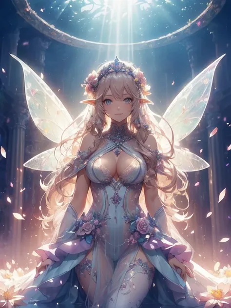 最high quality、1 womanエルフ NP: Worst quality ,flower fractal fine art　　Bigger on the front、 Beautiful sparkle,High-definition depiction, Realistic, 8k, Unity, ,mosquitoウボーイショット,Fairy Wings、虹colorに輝く翼、 light smile, Beautifully and vividly drawn, , Beautiful, ...