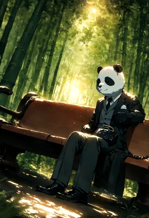 Panda in a suit，Sitting on a bench，There is a handbag, Looking into the distance melancholy，Face away from the camera，Wide-angle lens，best quality, 8K resolution，movie lighting，best quality，Detail Light，bamboo forest，Wide-angle lens