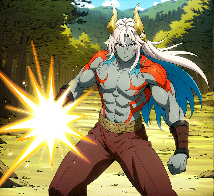  anime aestetic, anime character, standing in the battle pose, holding healbert, grey skin, male, serioce face, mature face, ogre, red tatoos, agry eyes, golden horns, two horns, ogre, muscular body, dynamic pose, brown eyes, white long hair, blury forest ...