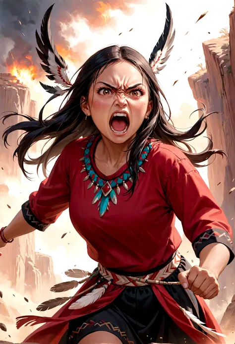 a native american woman with an aggressive look, she shouts angrily. She wears red/black clothes