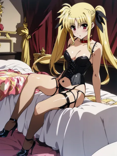 nsfw , Fate Testarossa , lyrical nanoha , (((highres official art))) , (((Anime Pinups))) , (((1girl))) , (((solo))) , (((blondehair))) , (((twintails))) , (((black ribbon))) , (((collar))) , (((bustier girdle corset))) , (((black lingerie))) , (((garter b...