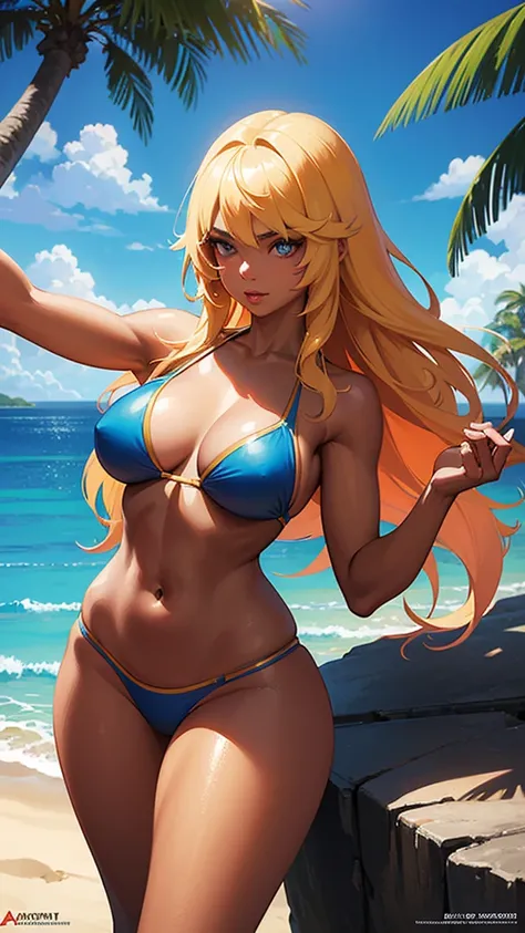 a beautiful young woman in a tiny bikini, extremely detailed face, large breasts, sultry expression, long flowing hair, glowing skin, tropical beach, palm trees, golden hour lighting, photorealistic, vibrant colors, highly detailed, art by Artgerm and Greg...