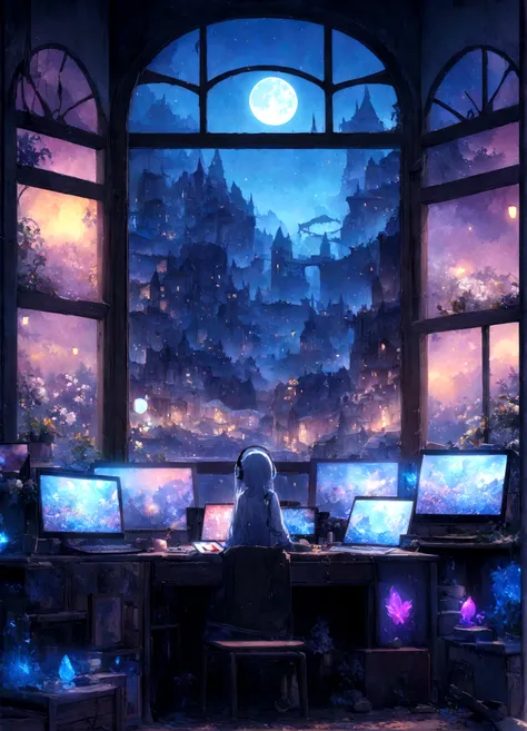 on the desk、No people、Tablet、liquid crystal、moon、PC Monitor、liquid crystalTablet、smartphone、wall、Dark atmosphere、Blue Neon、Blue Star、keyboard、Vocal Microphone、headphone、Large windows、scenery、white flowers and a laptop on a desk in front of a window, a digi...