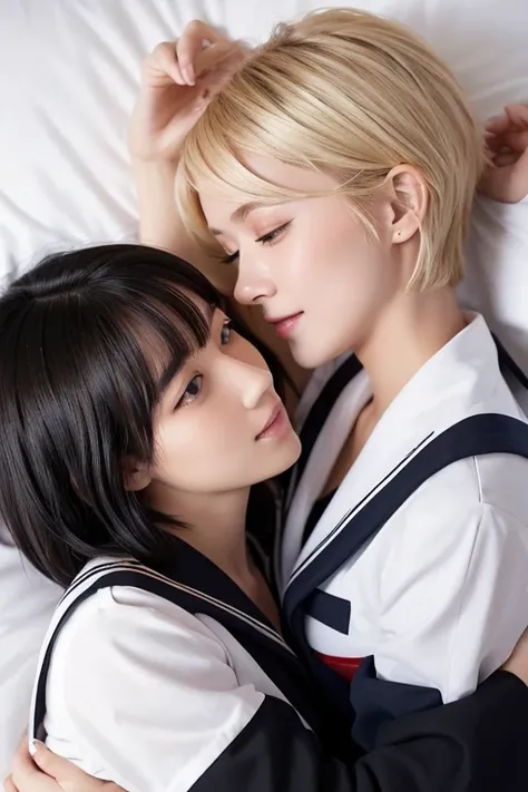 nsfw,（Two women lying on a bed:1.2）（A female student with short blonde hair and a female student with long black hair:1.2）,（Blonde wolf cut:1.2）、（Smooth long black hair:1.2）（The serious schoolgirl has long, straight black hair.:1.2）,（Gal has short blonde h...