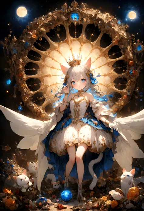 cute、、Young Girl、１２age、Flying、Your eyes are bright and beautiful、whole body、Gray Hair、White cat ears、Cat&#39;s Tail、Beautiful blue eyes、White Crown、White Vampire Wings、Rin々Funny face、beautiful、Black Moon、Lots of blue light、universe、Fantasy，Lots of light、ge...