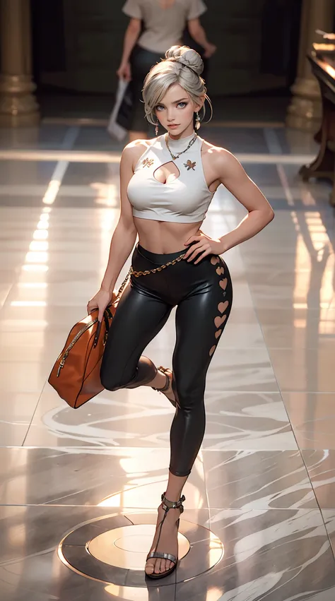 25-year-old Caucasian female、Silver Hair、Side-swept chignon((side bun))、Front cutout((front cutout))Wear tops、Wear low rise leggings、Setback Heel((set back heel))Wear、Place your hands on your hips、Model standing、Marble floor、Cowboy Shot